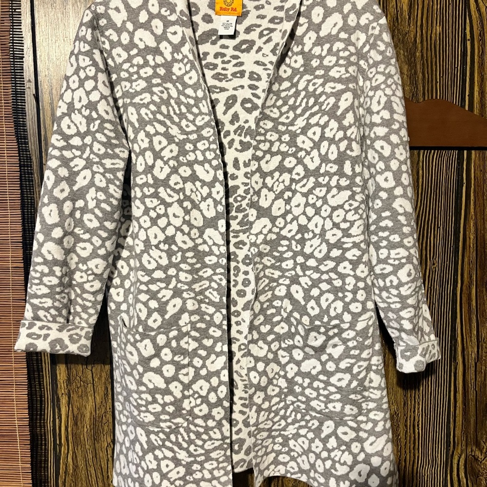 Ruby Rd. Gray and White Animal Print Cardigan